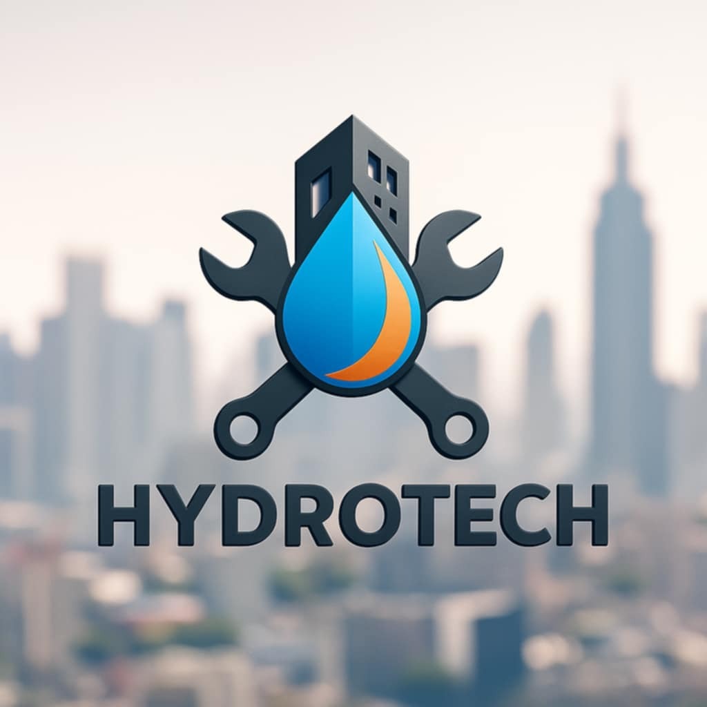 Logo firmy Hydrotech: budynek z kroplą wody, skrzyżowane klucze francuskie na tle panoramy miasta. Grafika w odcieniach szarości, błękitu i pomarańczu.