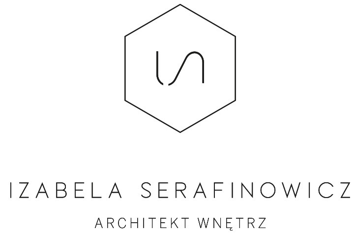 Logo firmy Izabela Serafinowicz Architekt Wnętrz, minimalistyczny znak graficzny w heksagonie.