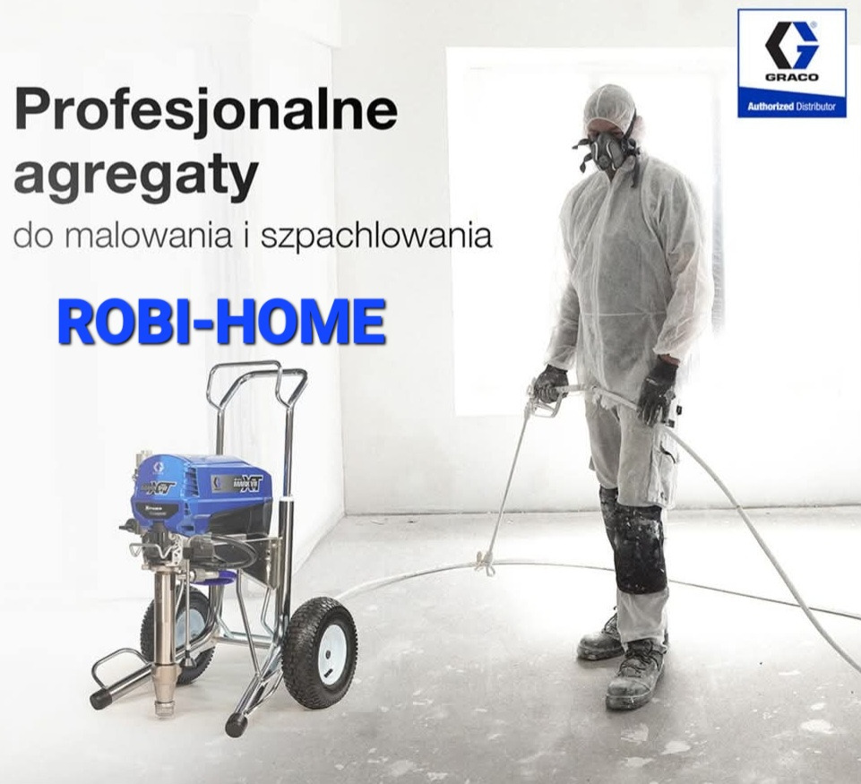 Pracownik w kombinezonie ochronnym używa agregatu malarskiego Graco Robi-Home do szpachlowania ściany w jasnym pomieszczeniu.