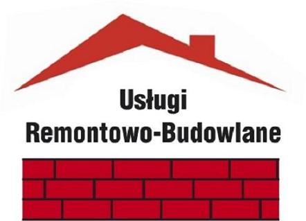 Logo firmy remontowo-budowlanej z czerwonym symbolem dachu i muru z cegieł.