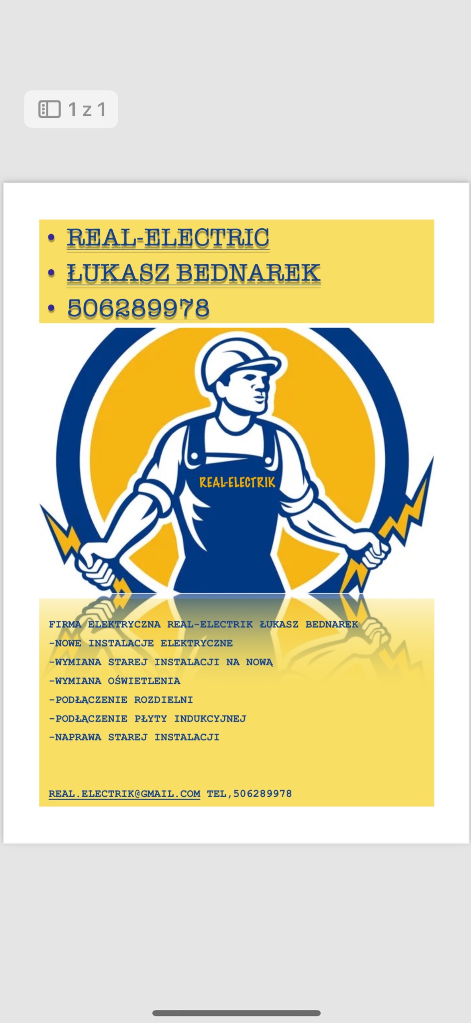 Reklama firmy elektrycznej Real-Electric Łukasz Bednarek z numerem telefonu i adresem email, oferującej nowe instalacje, wymianę starych instalacji, wymianę oświetlenia, podłączenie rozdzielni...