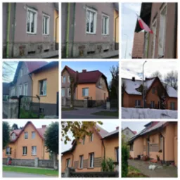 Zestawienie zdjęć domów jednorodzinnych z zewnątrz, prezentujące różne kolory elewacji, style architektoniczne i pory roku.