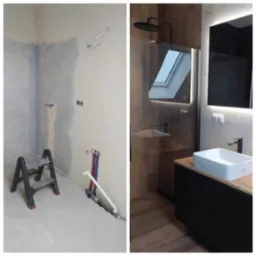 Łazienka w trakcie i po modernizacji: surowe ściany z instalacjami obok kabiny prysznicowej z deszczownicą, umywalki nablatowej i podświetlanego lustra.