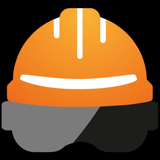 Pomarańczowy kask ochronny z szarymi okularami ochronnymi na czarnym tle, grafika wektorowa z gradientem.