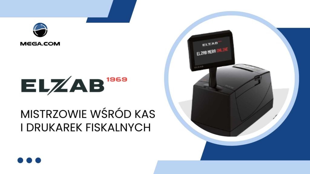 Grafika reklamowa prezentująca logo firmy Mega.com oraz kasę fiskalną Elzab z wyświetlaczem, podkreślająca hasło 'Mistrzowie wśród kas i drukarek fiskalnych'.