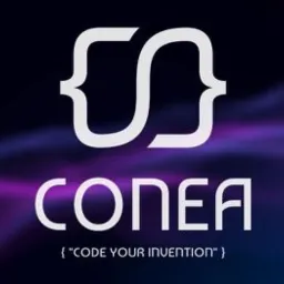 Logo firmy CONEA z motywem kodowania, zawierające stylizowane nawiasy klamrowe i hasło 'CODE YOUR INVENTION' na gradientowym tle w odcieniach fioletu i granatu.