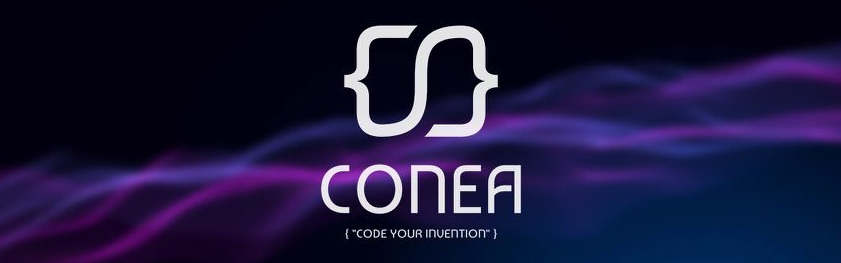 Logo firmy CONEA z motywem kodowania, zawierające stylizowane nawiasy klamrowe i hasło 'CODE YOUR INVENTION' na gradientowym tle w odcieniach fioletu i granatu.