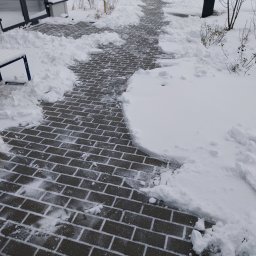 Shine-Usługi porządkowe - Ścieżka z kostki brukowej częściowo odśnieżona, z widocznymi śladami stóp w śniegu, prowadząca do budynku z przeszklonym wejściem w zimowej scenerii.
