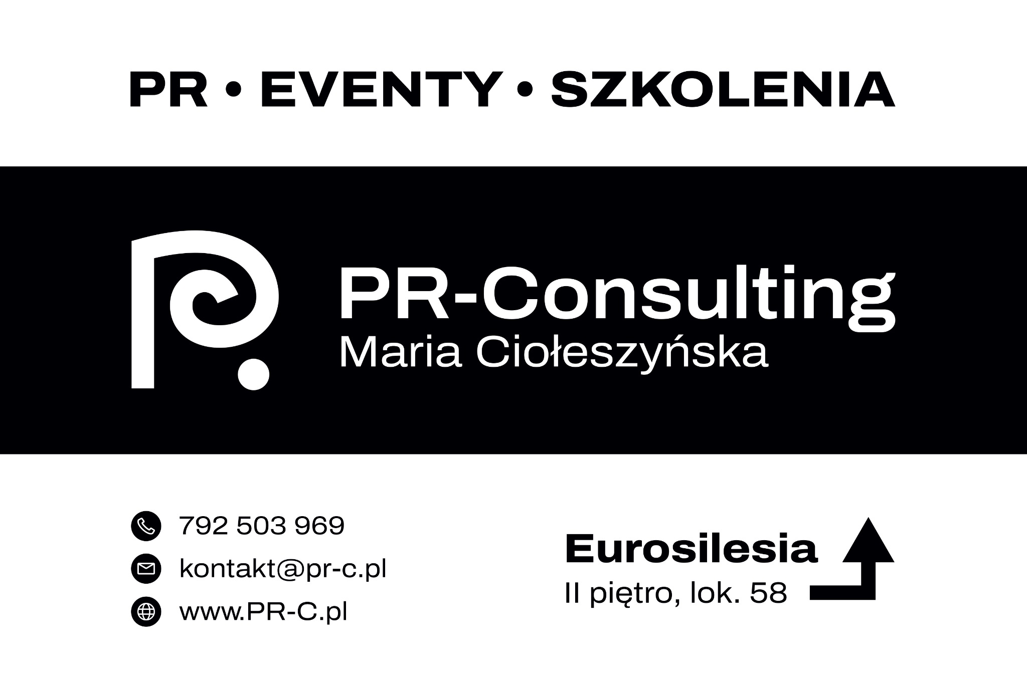 Czarno-białe logo firmy PR-Consulting Maria Ciołeszyńska, oferującej usługi z zakresu PR, eventów i szkoleń, z danymi kontaktowymi i adresem biura Eurosilesia II piętro, lok. 58.