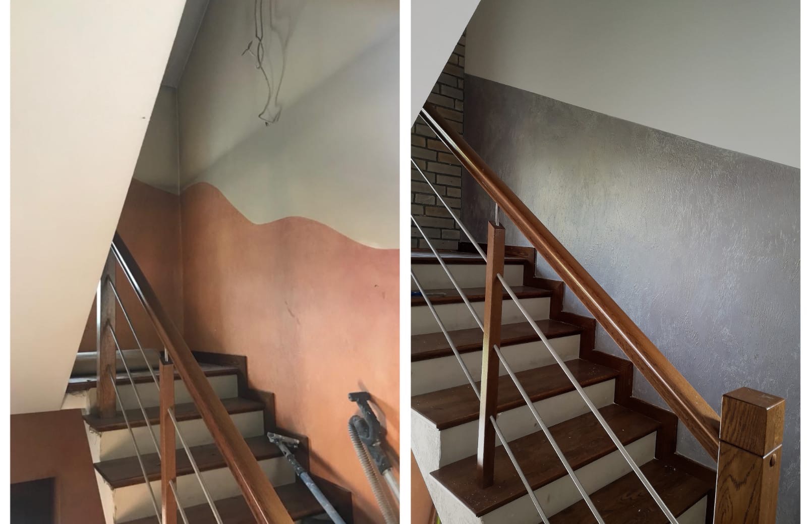 Schody przed i po malowaniu/szpachlowaniu: po lewej ściana w odcieniach pomarańczu z falistą linią, po prawej ściana wykończona szarą strukturą, widoczna drewniana balustrada z metalowymi prętami.
