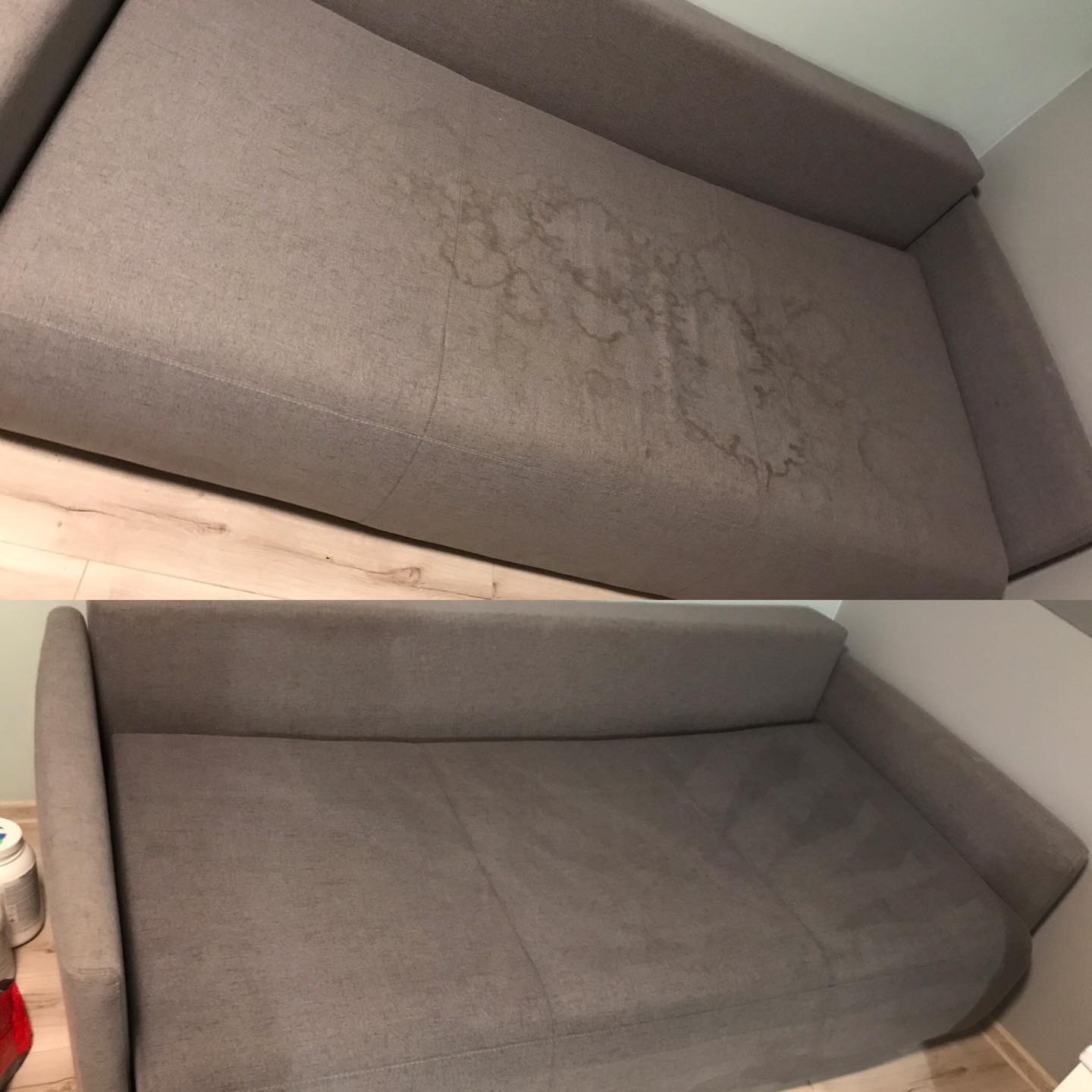 Szara kanapa z widocznymi plamami przed i po czyszczeniu, ukazująca efekt usługi.