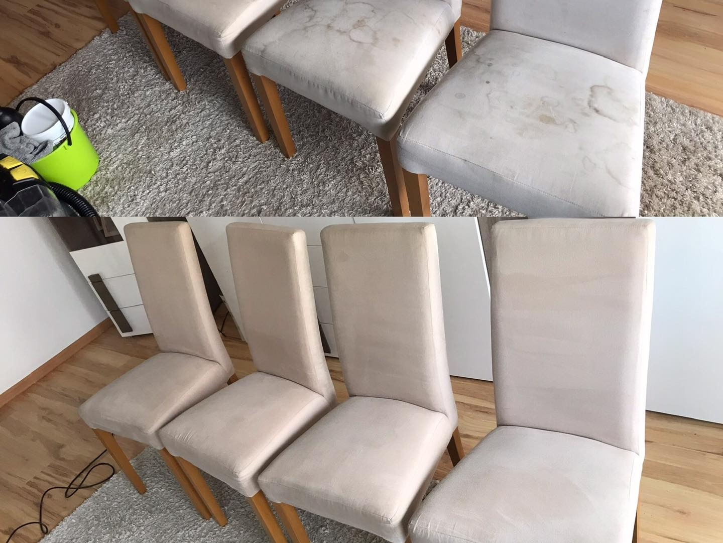 Porównanie krzeseł tapicerowanych przed i po czyszczeniu: widoczne plamy na siedziskach przed zabiegiem, a po czyszczeniu jednolity, jasny kolor tapicerki. W tle dywan z długim włosiem i wiadro...