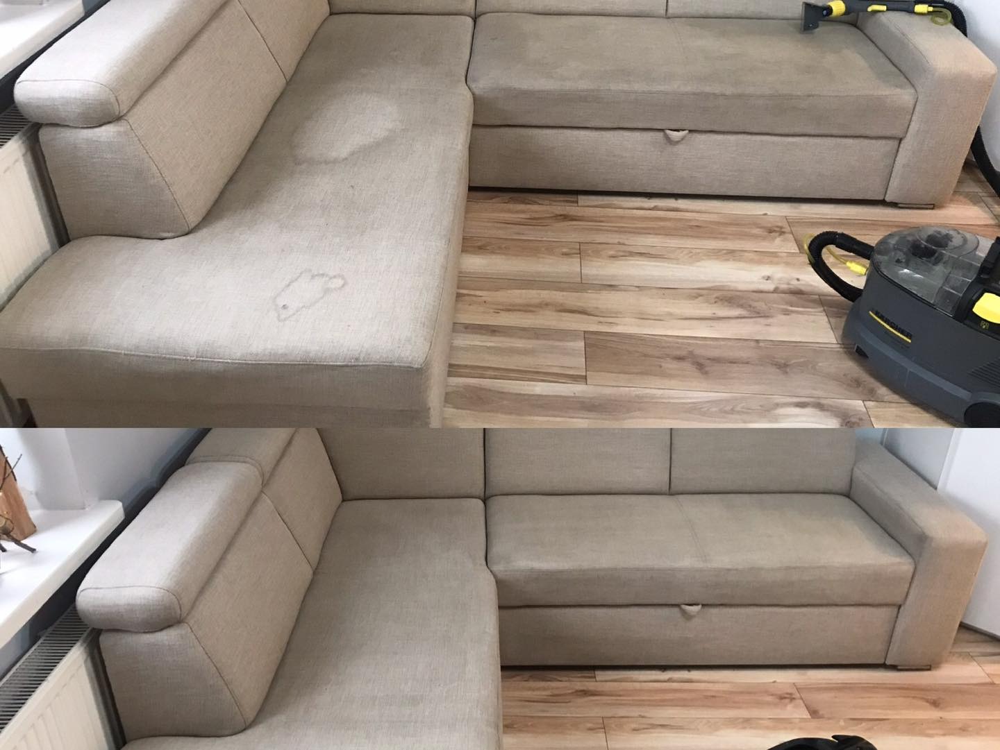 Porównanie przed i po: narożnik z jasną tapicerką z widocznymi plamami przed czyszczeniem i bez plam po czyszczeniu, usługa wykonana w Zielonej Górze, widoczny odkurzacz piorący Kärcher.