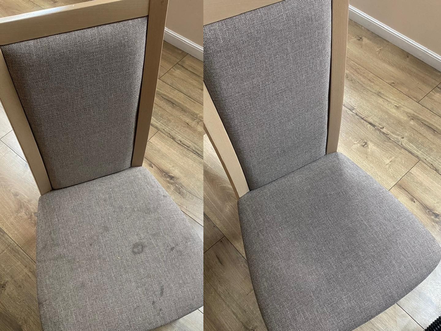 Krzesło tapicerowane z beżową ramą: po lewej stronie widoczne plamy na siedzisku przed czyszczeniem, po prawej stronie krzesło po czyszczeniu, bez plam.