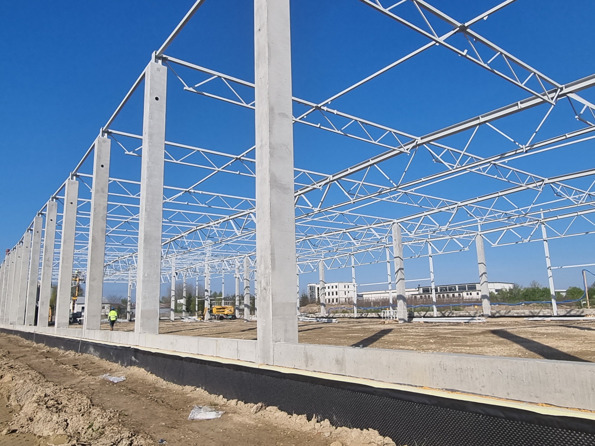 Wznoszenie konstrukcji stalowej hali z widocznymi betonowymi słupami, stalową kratownicą dachu i pracownikiem w odblaskowej kamizelce w tle.
