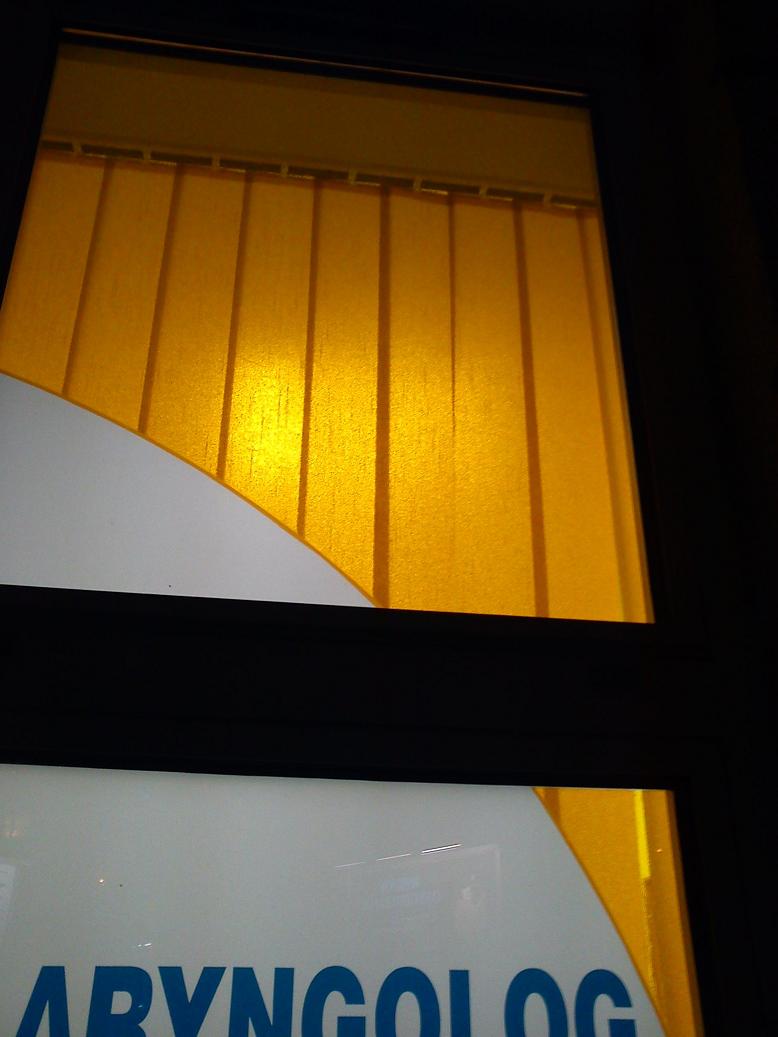 Żółte wertikale w oknie biura, widoczne przez szybę z częścią napisu 'LARYNGOLOG'.