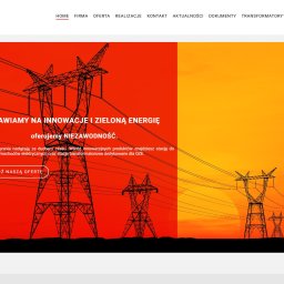 Rokezzz Bogumił Skoczylas - Strona internetowa firmy Energeks prezentująca ofertę transformatorów i stacji transformatorowych, z widocznymi sylwetkami słupów wysokiego napięcia na pomarańczowo-czerwonym tle.