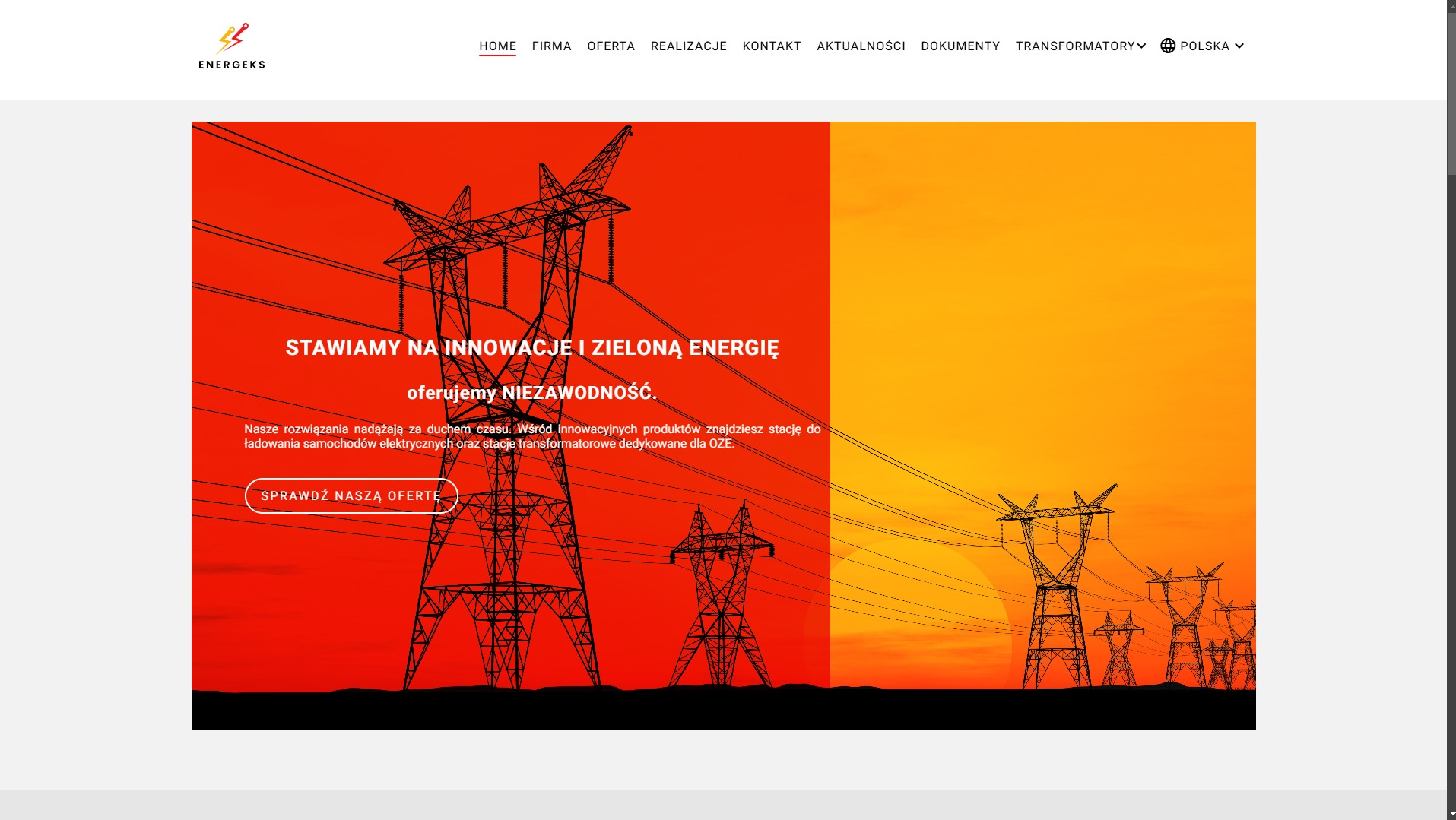 Strona internetowa firmy Energeks prezentująca ofertę transformatorów i stacji transformatorowych, z widocznymi sylwetkami słupów wysokiego napięcia na pomarańczowo-czerwonym tle.