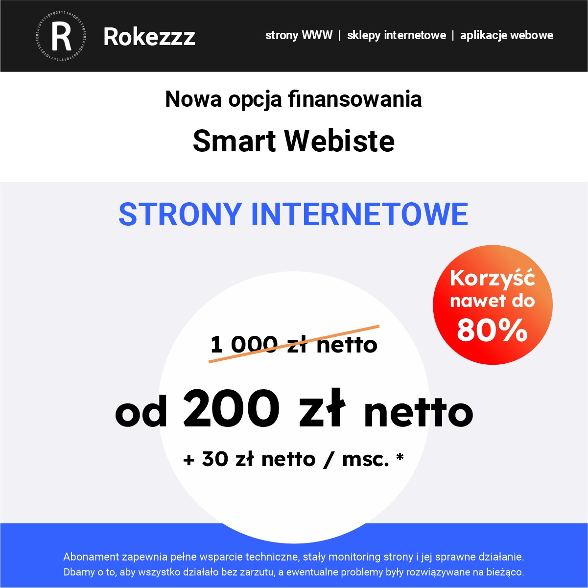 Grafika reklamowa oferty finansowania stron internetowych Smart Website, prezentująca obniżoną cenę od 200 zł netto miesięcznie.