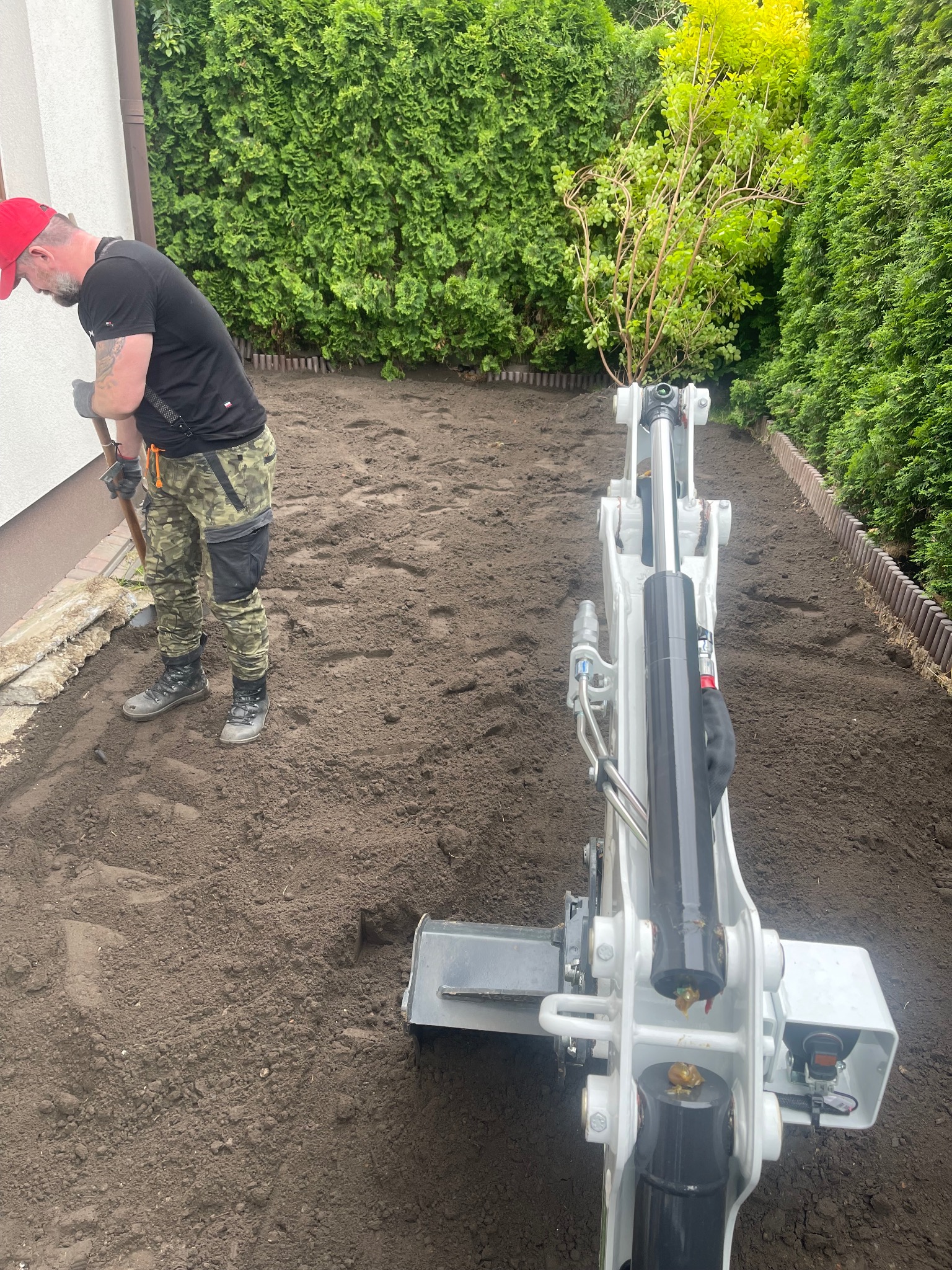 Przygotowanie terenu pod trawnik: pracownik wyrównuje ziemię łopatą obok mini koparki, w tle zielone tuje i ściana budynku.