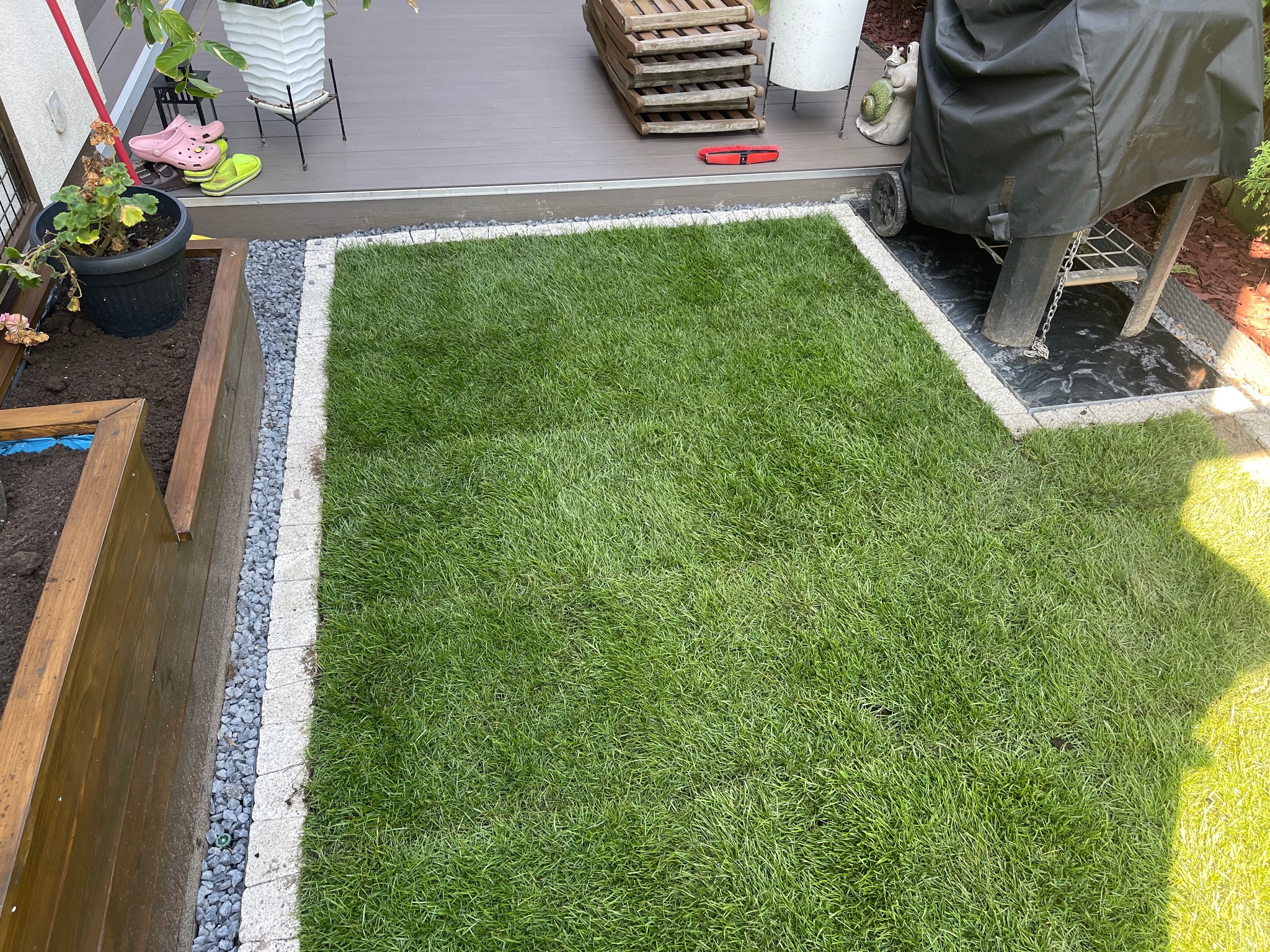 Świeża trawa z rolki otoczona kamienną obwódką, przylegająca do drewnianego tarasu i grilla. Fragment rabaty z roślinami w tle. Widok z góry, słoneczny dzień.