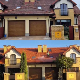 Porównanie dachu przed i w trakcie czyszczenia: górna część zdjęcia przedstawia dach pokryty zabrudzeniami, dolna pokazuje proces czyszczenia z użyciem myjki ciśnieniowej, z widocznym strumieniem...