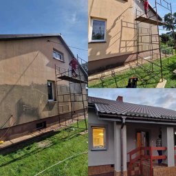 FLY PARADISE S.C - Czyszczenie elewacji domu z rusztowania za pomocą myjki ciśnieniowej, widoczne efekty przed i po oraz fragment odnowionej części budynku.