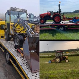 FLY PARADISE S.C - Kompozycja zdjęć: żółty traktor z łyżką na lawecie, czerwony traktor na lawecie, traktor w trakcie pracy na trawniku, widok z perspektywy chodnika.
