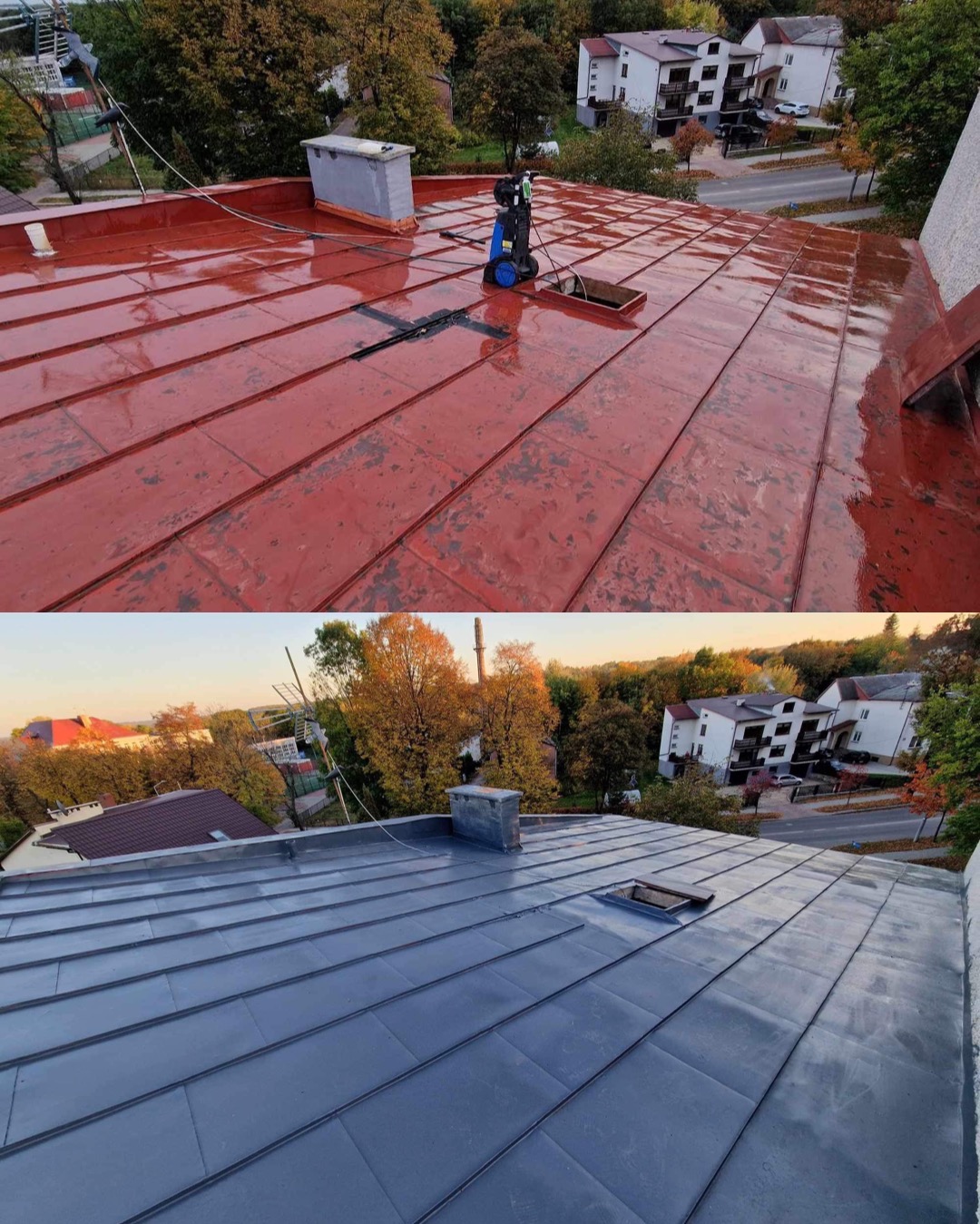 Porównanie dachu przed i po: górna część z resztkami starej, czerwonej farby, dolna pomalowana na szaro, widok z góry na otoczenie.