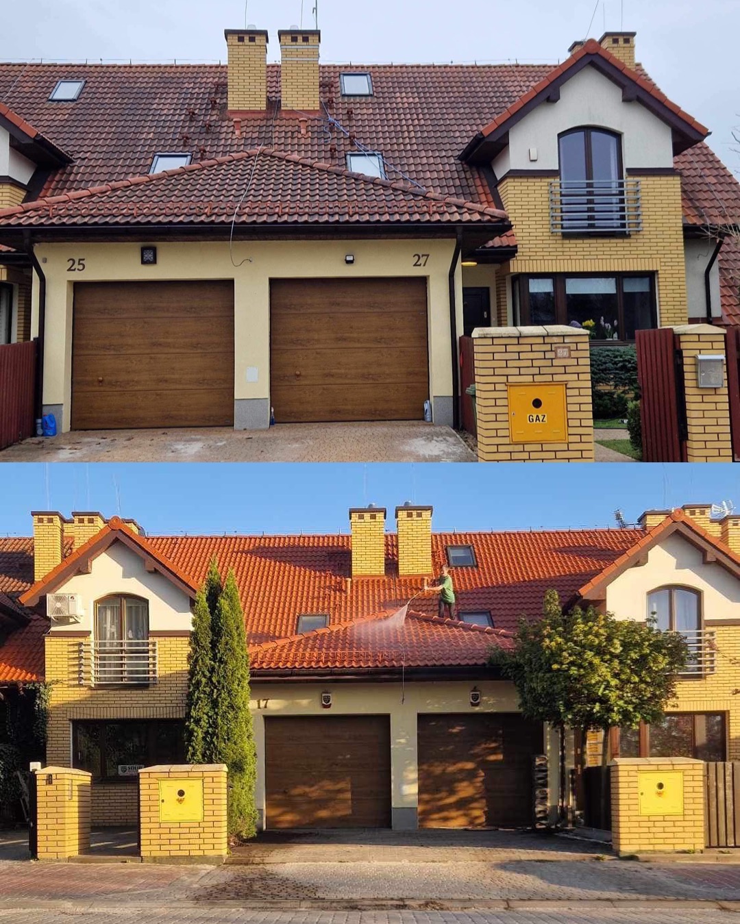 Porównanie dachu przed i w trakcie czyszczenia: górna część zdjęcia przedstawia dach pokryty zabrudzeniami, dolna pokazuje proces czyszczenia z użyciem myjki ciśnieniowej, z widocznym strumieniem...