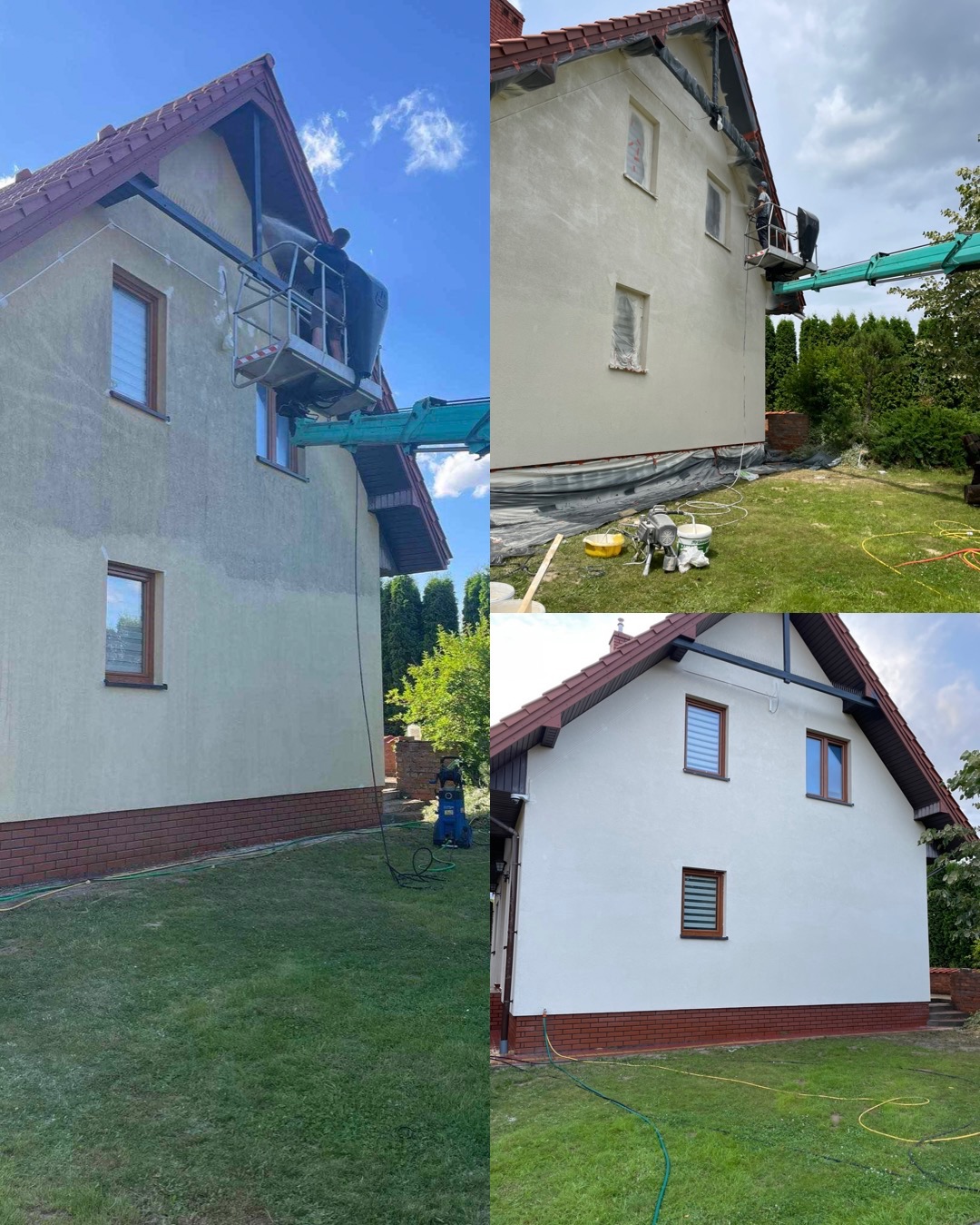 Fotografia przedstawia dom w trakcie i po renowacji elewacji. Na pierwszym planie widoczna część elewacji przed renowacją, w środkowej części elewacja w trakcie prac z użyciem podnośnika koszowego...