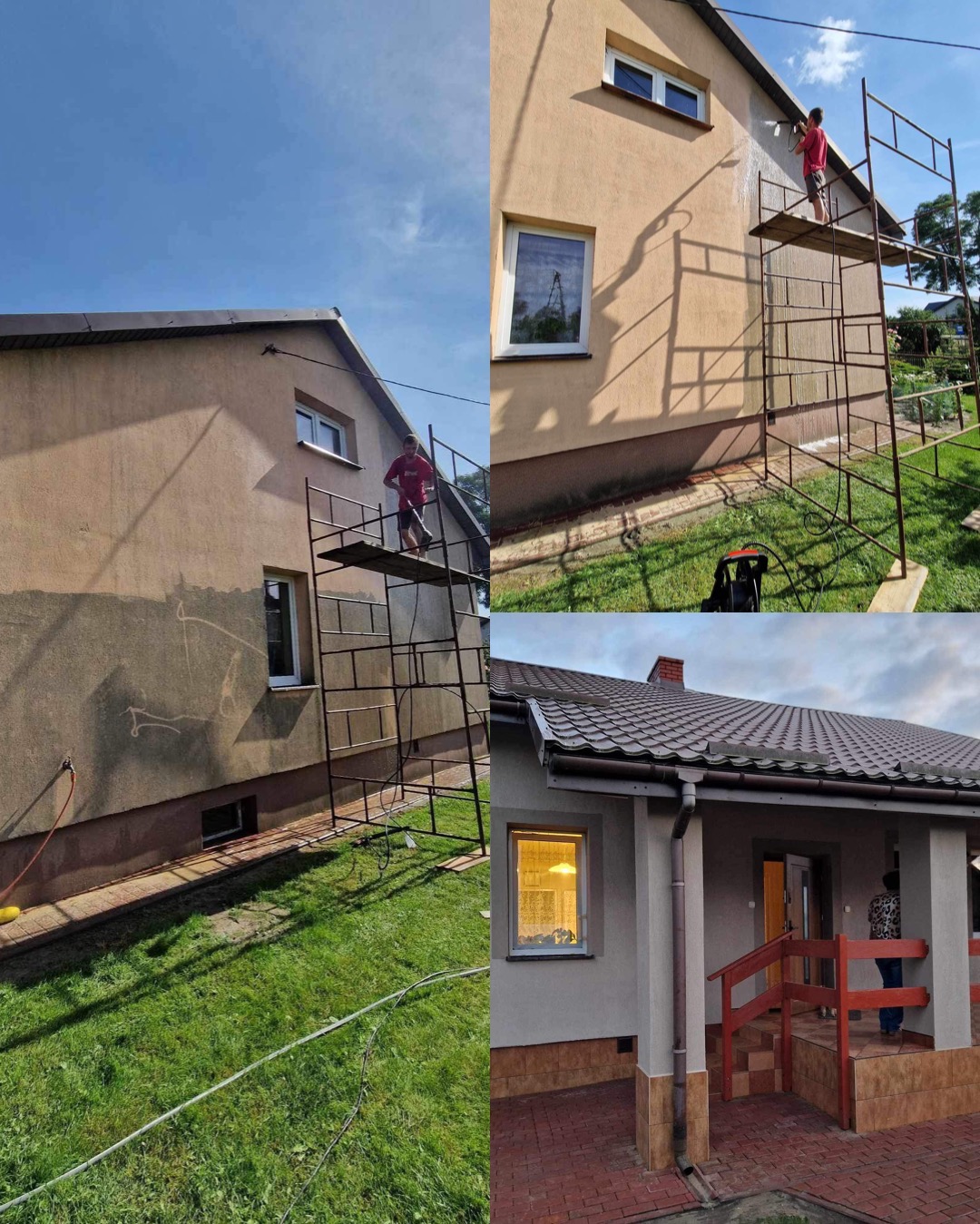 Czyszczenie elewacji domu z rusztowania za pomocą myjki ciśnieniowej, widoczne efekty przed i po oraz fragment odnowionej części budynku.