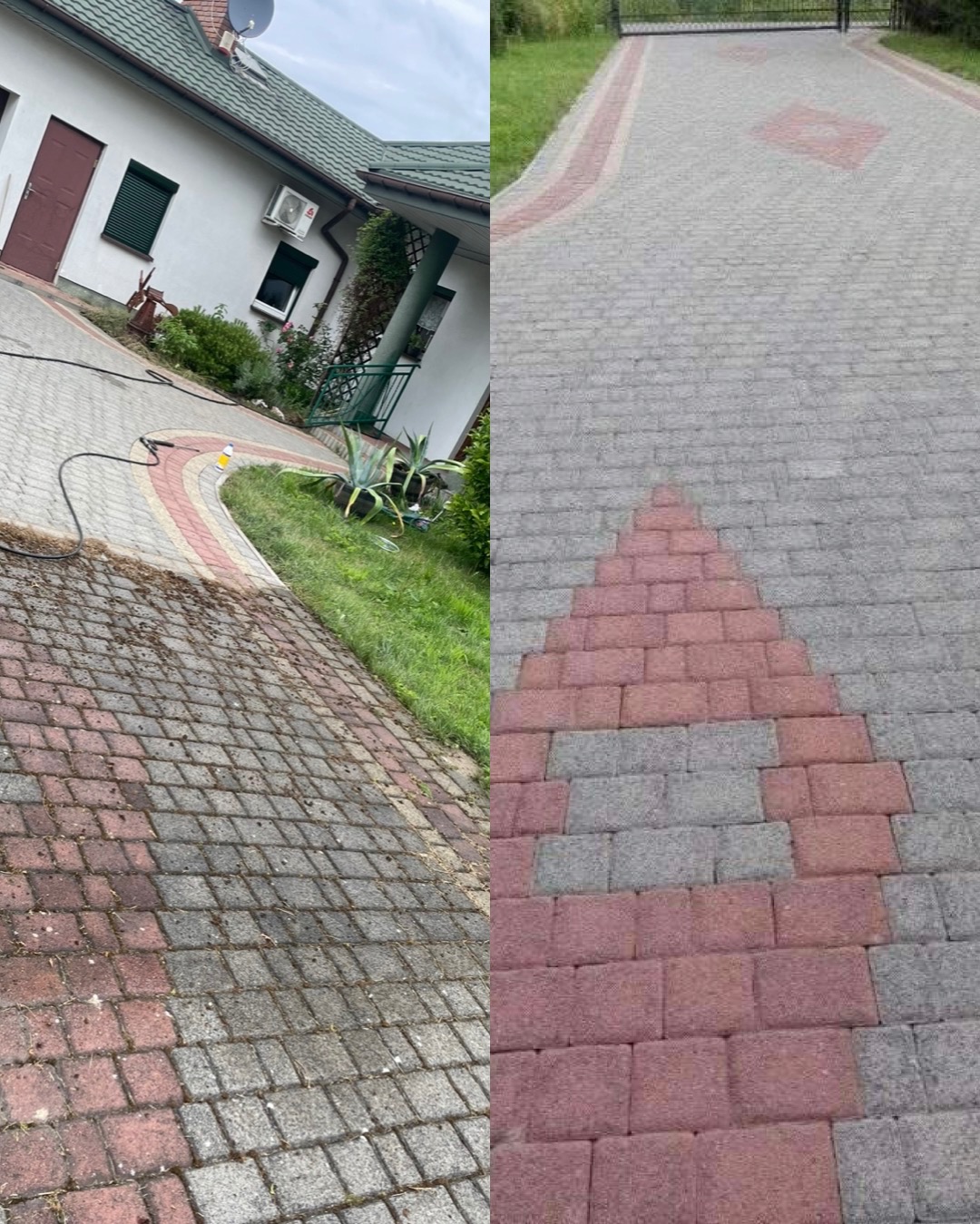 Porównanie stanu kostki brukowej przed i po czyszczeniu: po lewej stronie zabrudzona, po prawej świeżo umyta, z widocznym zarysem domu i ogrodu w tle.