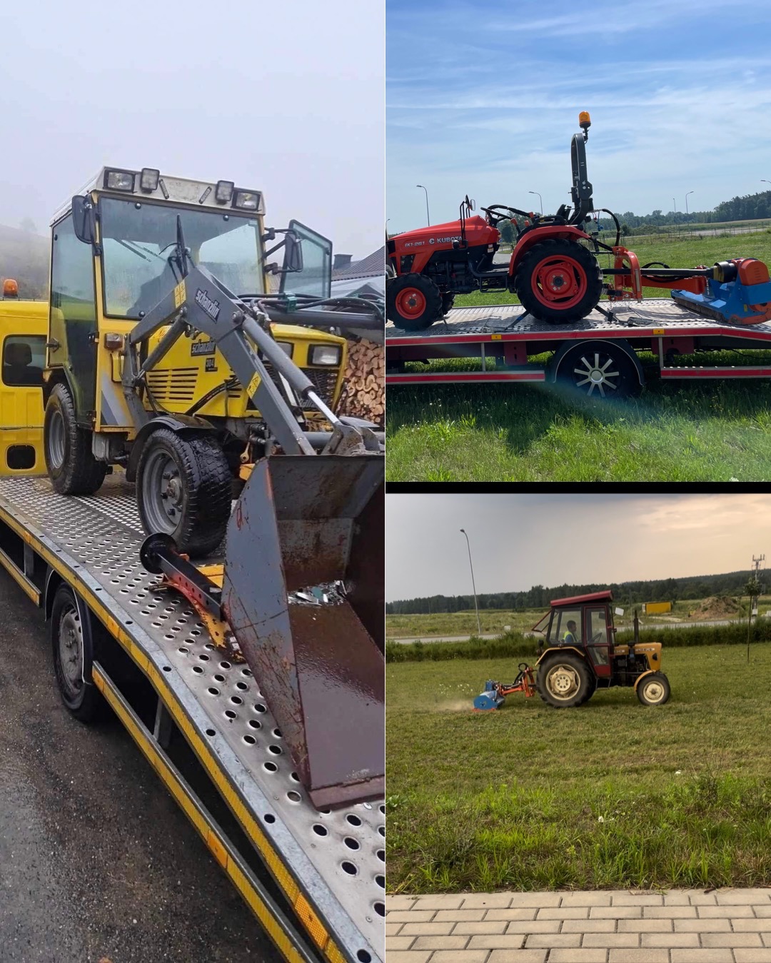 Kompozycja zdjęć: żółty traktor z łyżką na lawecie, czerwony traktor na lawecie, traktor w trakcie pracy na trawniku, widok z perspektywy chodnika.
