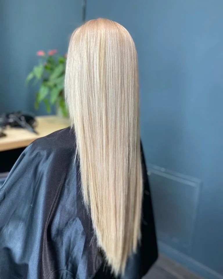 Długie, proste, platynowe blond włosy, widok z tyłu na tle turkusowej ściany i rośliny doniczkowej.