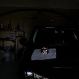 Ciemne ujęcie samochodu w garażu z produktem do detailingu na masce, leżącym na szarej ściereczce z mikrofibry.