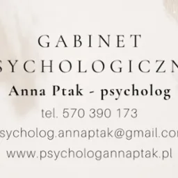 Elegancka wizytówka gabinetu psychologicznego Anny Ptak z danymi kontaktowymi na beżowym, rozmytym tle.