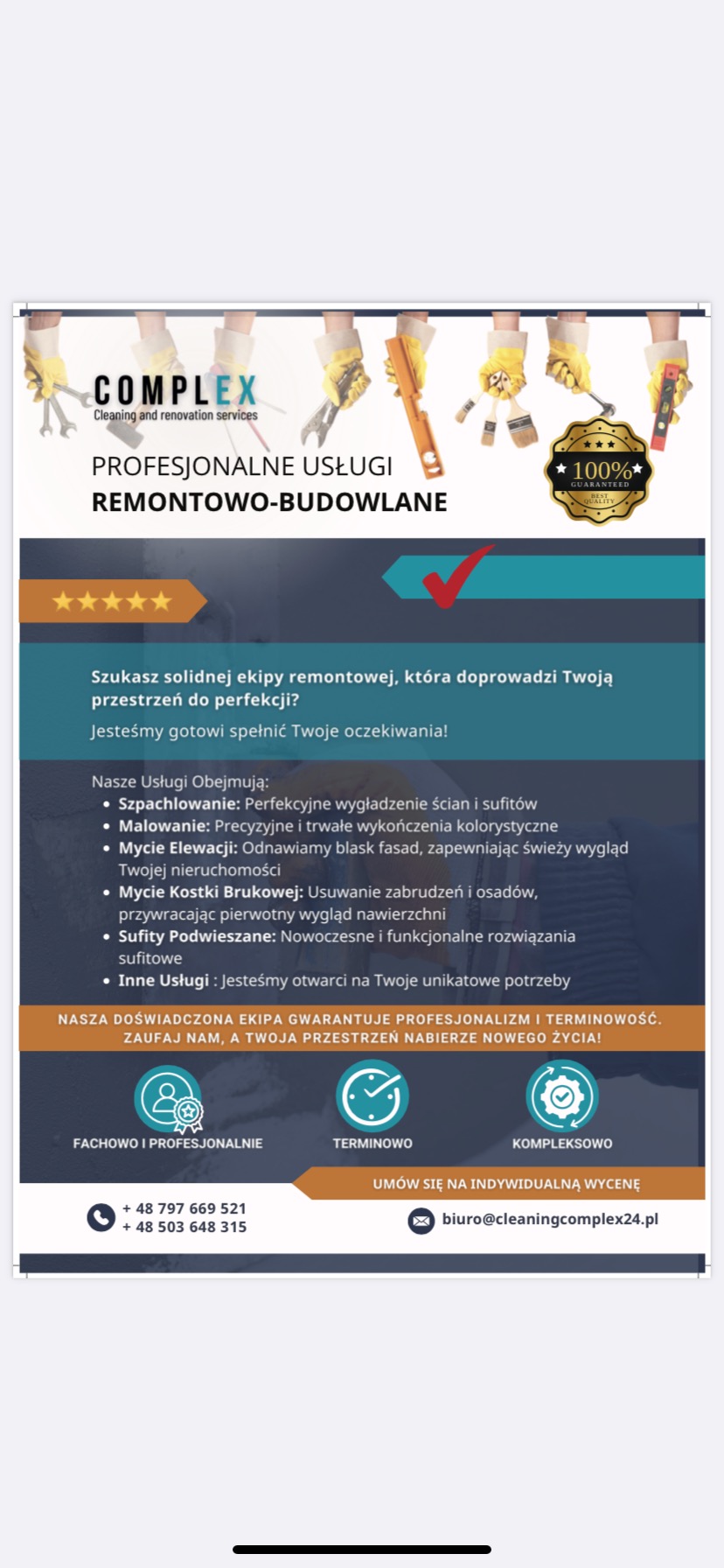Grafika reklamowa firmy remontowo-budowlanej Complex Cleaning and renovation services, oferującej profesjonalne usługi remontowo-budowlane, w tym szpachlowanie, malowanie, mycie elewacji i kostki...