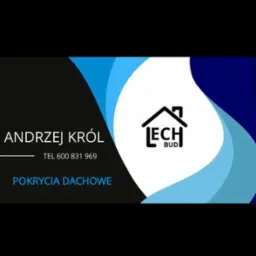 Wizytówka firmy dekarskiej Andrzej Król, z logo Lech Bud, numerem telefonu i hasłem Pokrycia Dachowe, na czarno-biało-niebieskim tle.