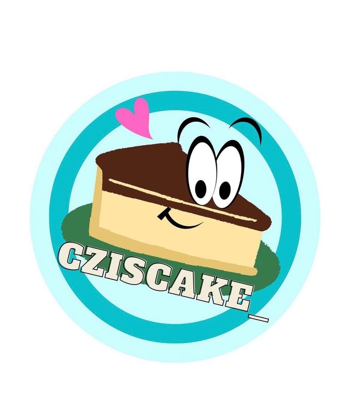 Kreskówkowy projekt logo z kawałkiem ciasta o nazwie 'CZISCAKE' w Stalowej Woli, w jasnym niebieskim okręgu z różowym sercem unoszącym się nad ciastem.