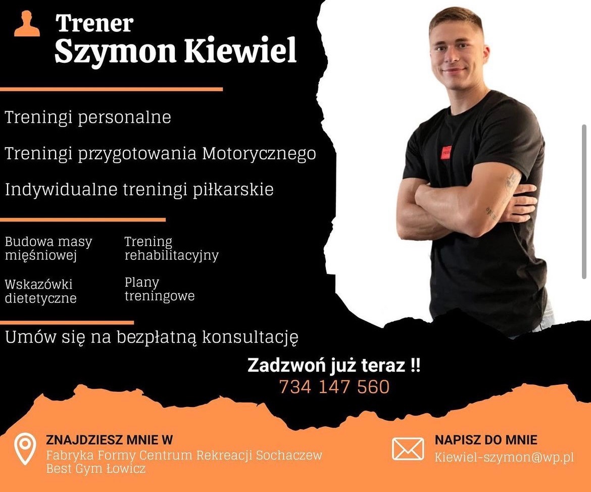 Grafika reklamowa trenera personalnego Szymona Kiewiela z informacjami o treningach personalnych, motorycznych i piłkarskich, budowie masy mięśniowej, treningu rehabilitacyjnym, wskazówkach...