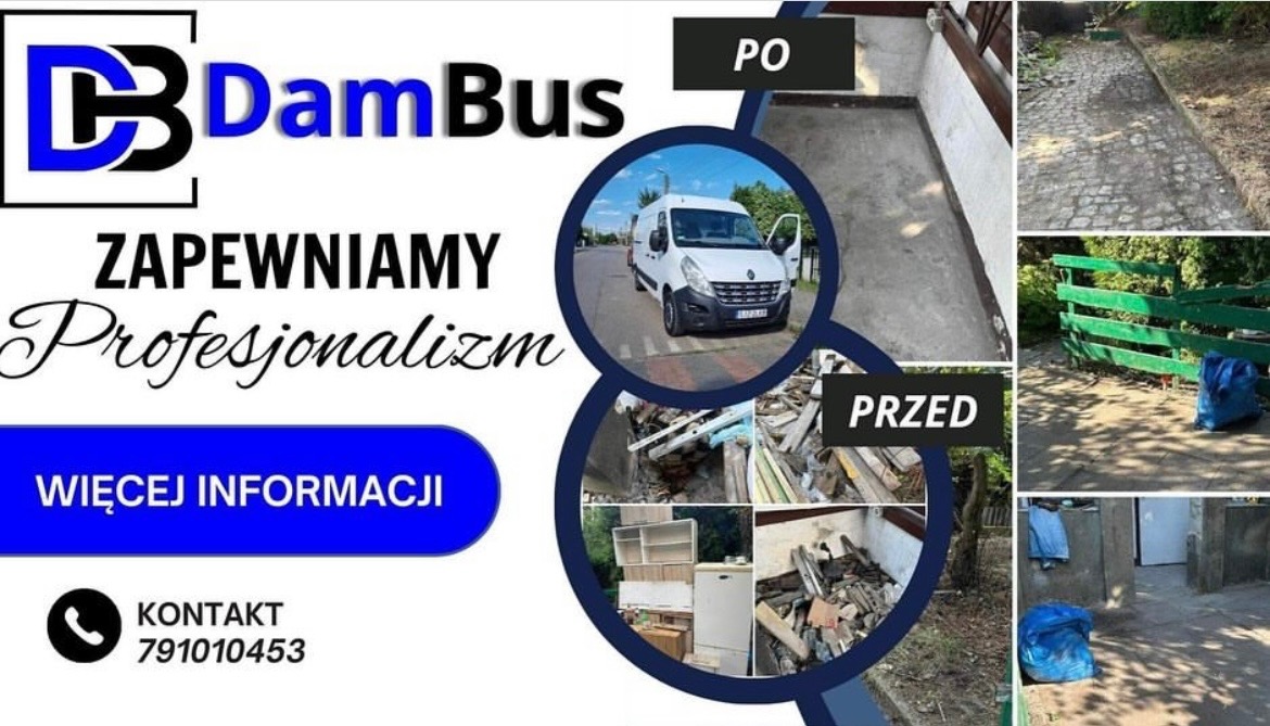 Kompozycja graficzna prezentująca usługę sprzątania: zdjęcia 'przed' pokazują zagracone przestrzenie i odpady, a zdjęcia 'po' ukazują te same miejsca uporządkowane i czyste. Na środku w okręgu...