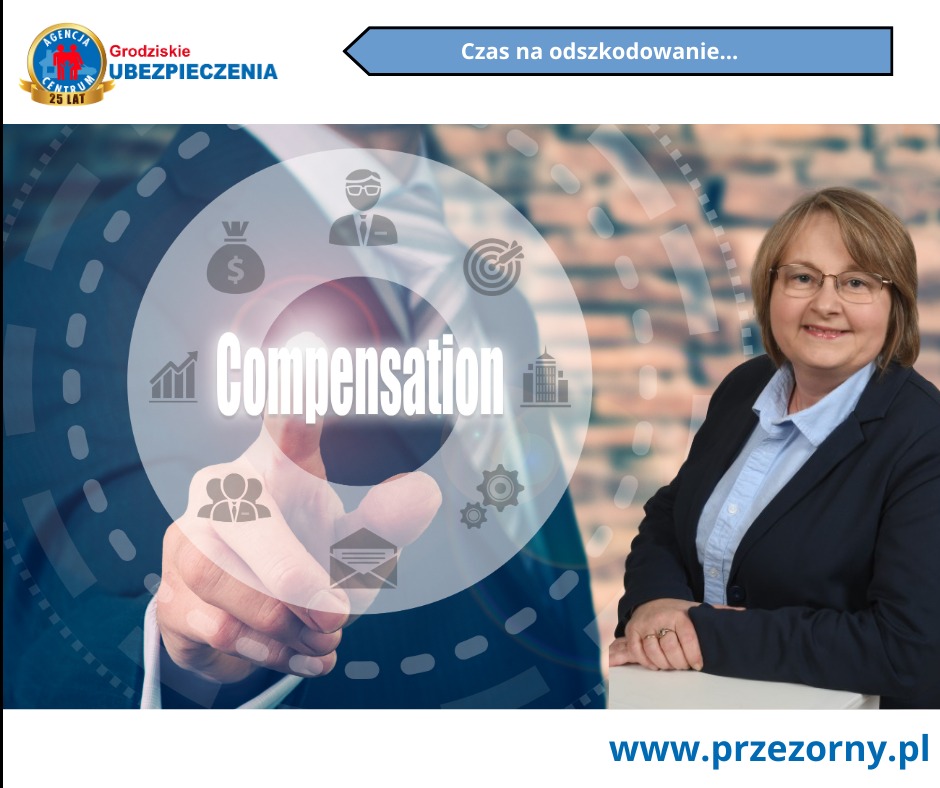 Kobieta w okularach i marynarce na tle grafiki z napisem 'Compensation', logo agencji ubezpieczeniowej i strzałki z tekstem 'Czas na odszkodowanie'.