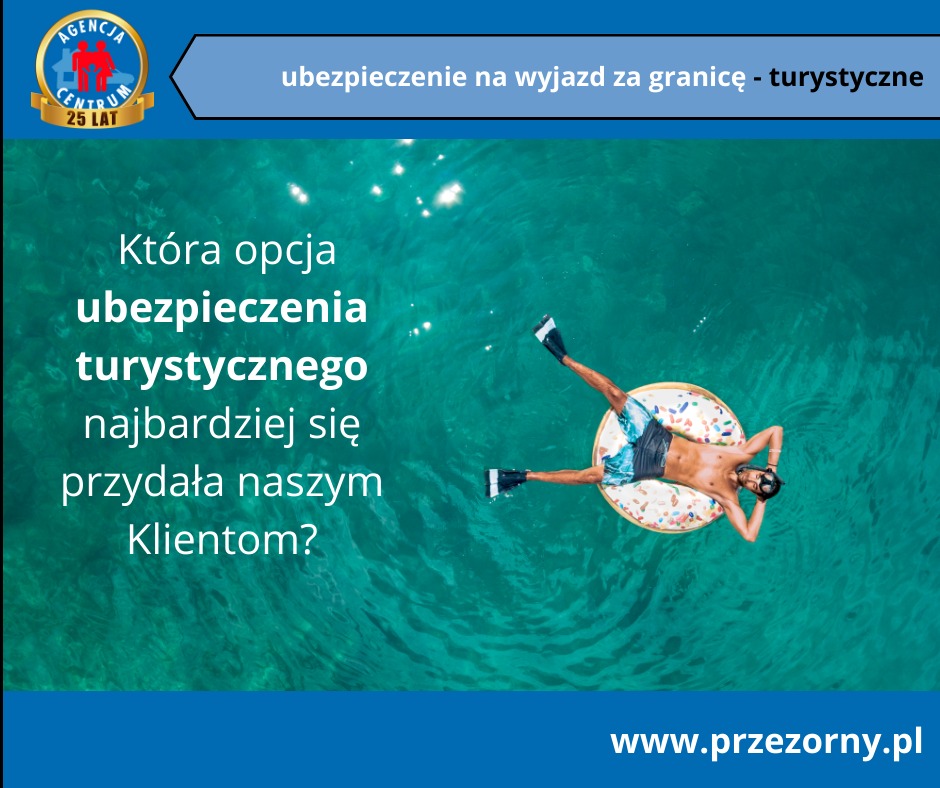 Mężczyzna w masce i płetwach relaksuje się na dmuchanym kole w kształcie donuta na turkusowej wodzie, promując ubezpieczenie turystyczne na wyjazd za granicę, logo agencji ubezpieczeniowej w lewym...