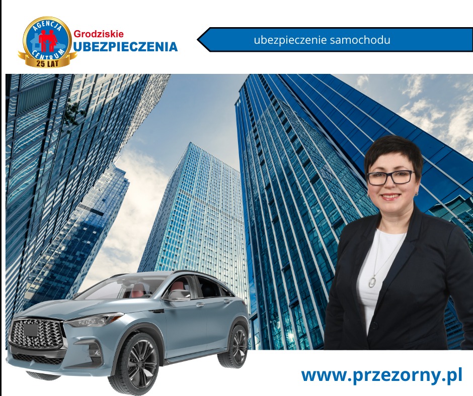 Kobieta w okularach i marynarce stoi obok wizualizacji szarego SUV-a na tle wieżowców, logo Agencji Ubezpieczeniowej Grodziskie i napis 'ubezpieczenie samochodu' w górnej części, adres strony...
