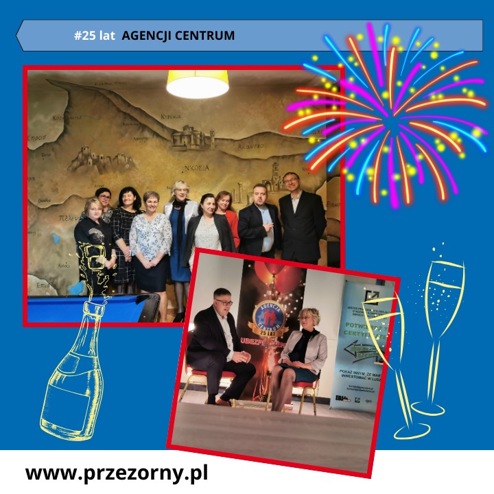Uroczystość 25-lecia Agencji CENTRUM w Grodzisku Mazowieckim: grupa pracowników pozuje na tle mapy, dodatkowo kadrowane zdjęcie z wręczenia certyfikatu i dekoracje w postaci fajerwerków...
