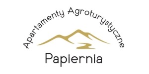 Logo Apartamenty Agroturystyczne Papiernia z motywem gór i rzeki w kolorze złotym.