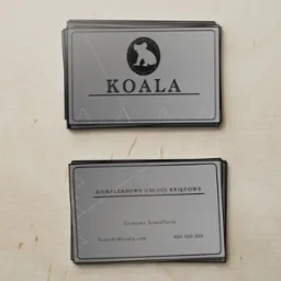 Stos wizytówek z logo firmy Koala oferującej kompleksowe usługi księgowe i darmową konsultację, na teksturowanym drewnianym tle.