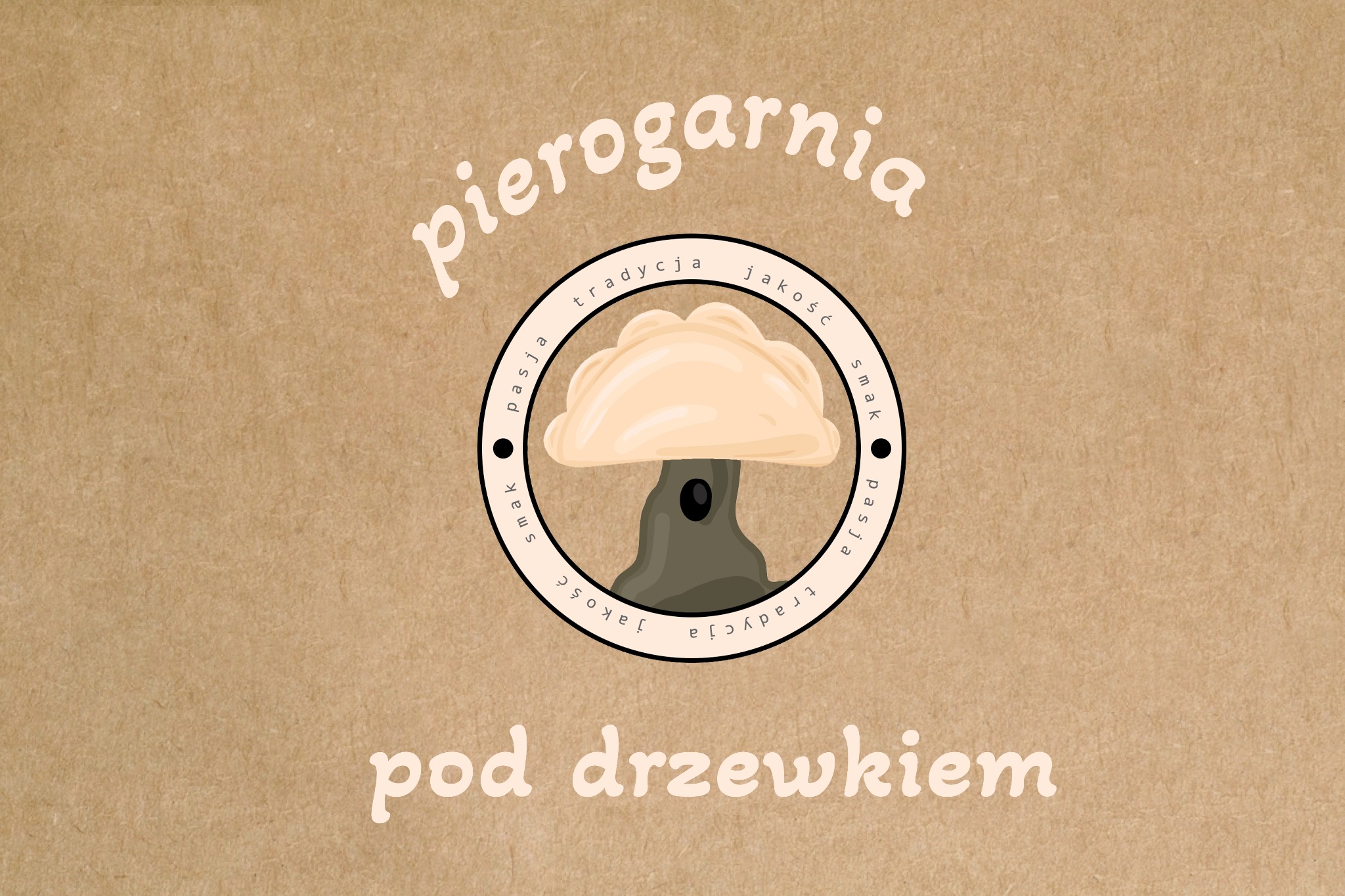 Ilustracja logo 'Pierogarnia pod drzewkiem' przedstawiająca stylizowanego pieroga na pniu drzewa w okręgu z napisem 'pasja tradycja jakość smak'.
