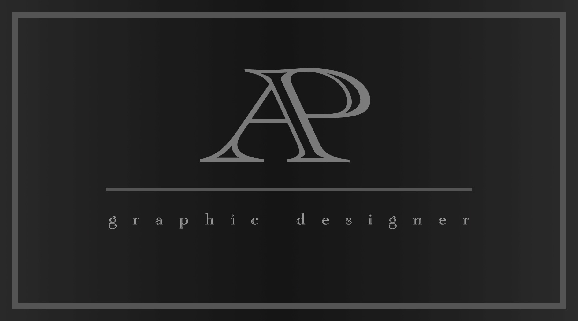 Monogram AP w kolorze szarym na ciemnoszarym tle, napis 'graphic designer' pod spodem, minimalistyczny design.
